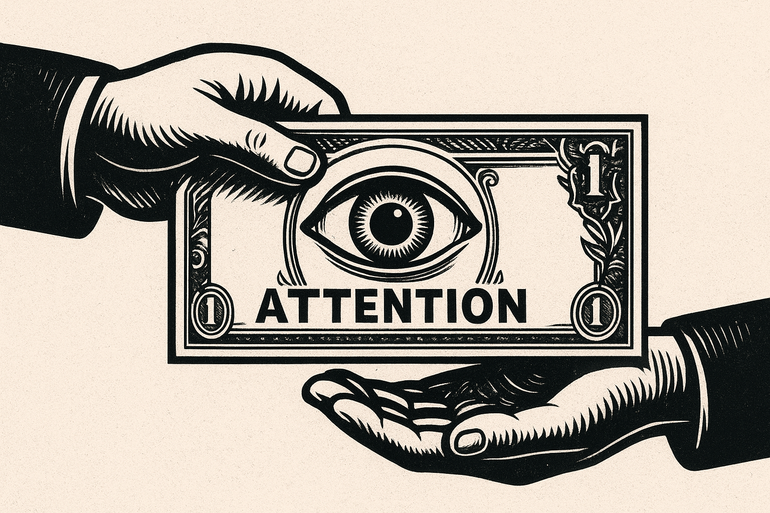 a dollar bill with an eyeball on it, labelled "attention', exchanging hands