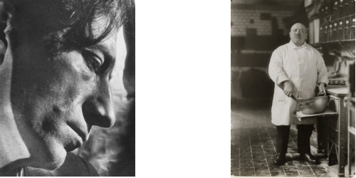 A black and white profile photograph of a person in thought, and a separate black and white photograph of a man with a mixing bowl in a kitchen.