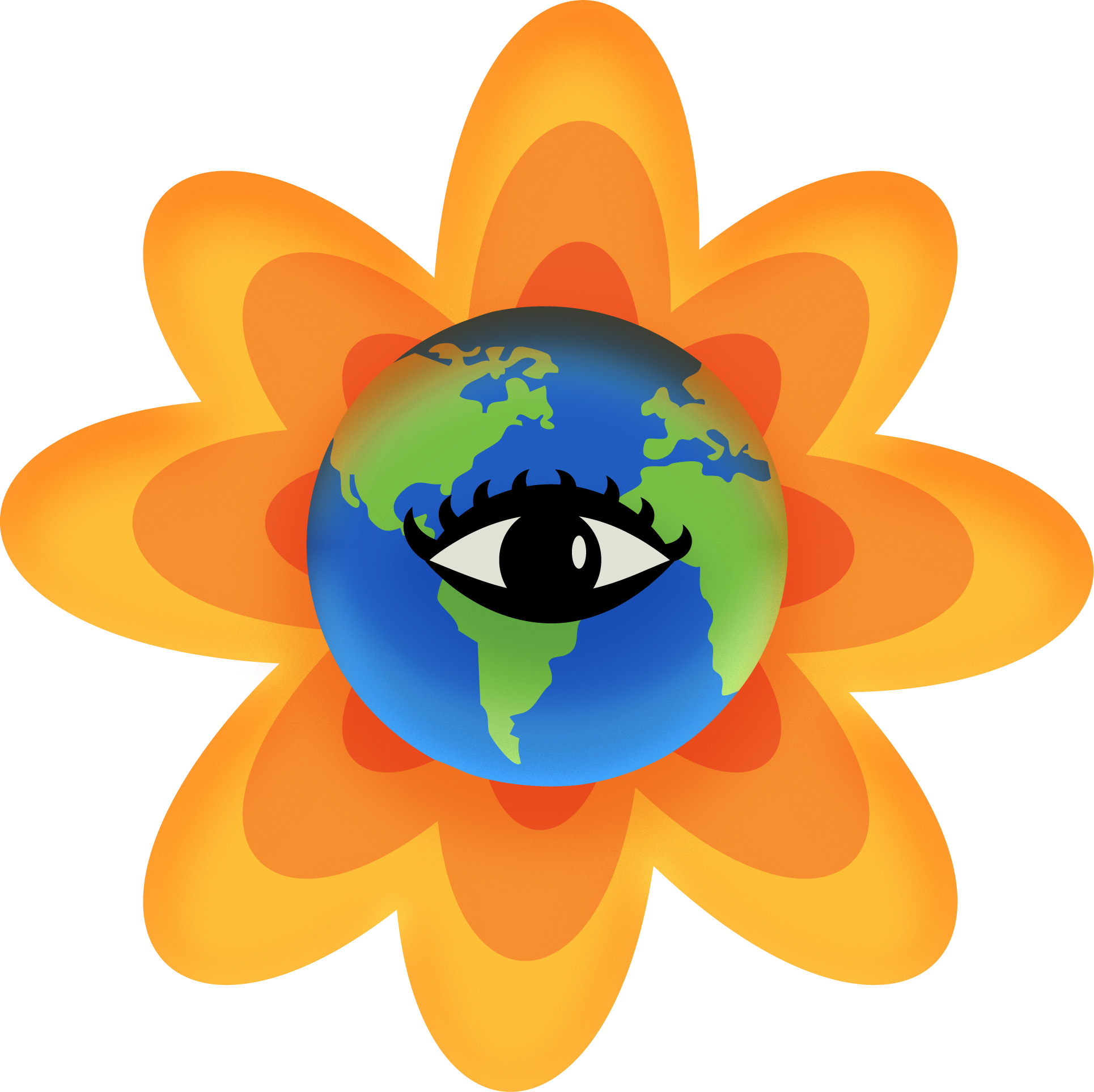 An image of the earth with an eye on the center, with rounded, bright yellow rays emerging from behind the earth.