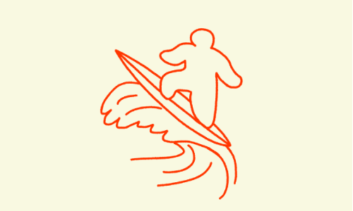 A vermilion line drawing of a surfer against a solid cream background