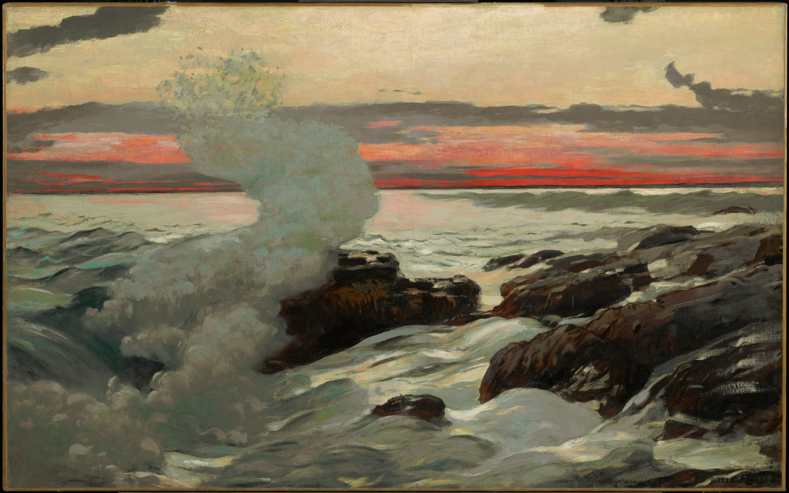 Winslow Homer, WEST POINT, PROUT'S NECK. Image courtesy Clark Art Institute. clarkart.edu A painting of a spray of seawater splashing up from a rocky shore.